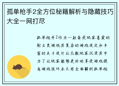 孤单枪手2全方位秘籍解析与隐藏技巧大全一网打尽